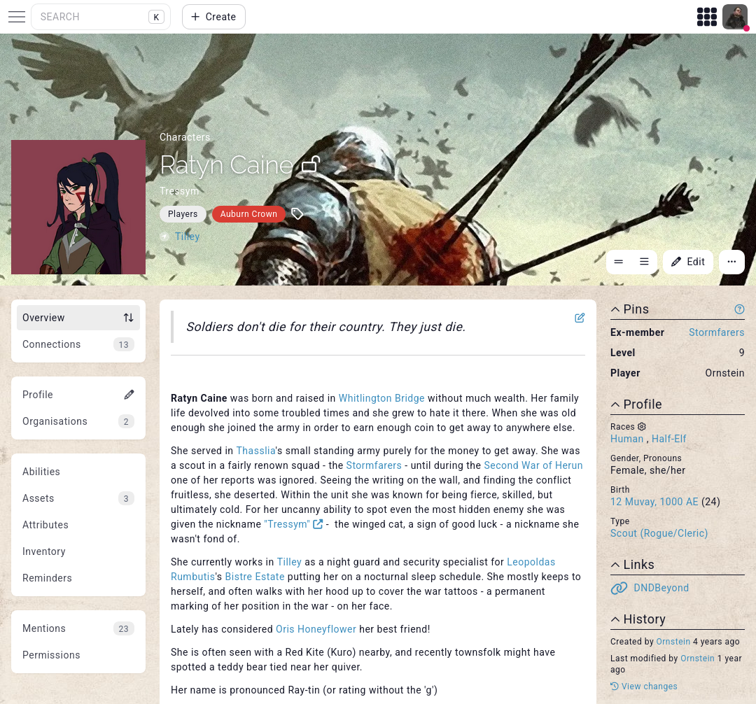 Kanka entity page showing interconnected links to related characters, locations, and events