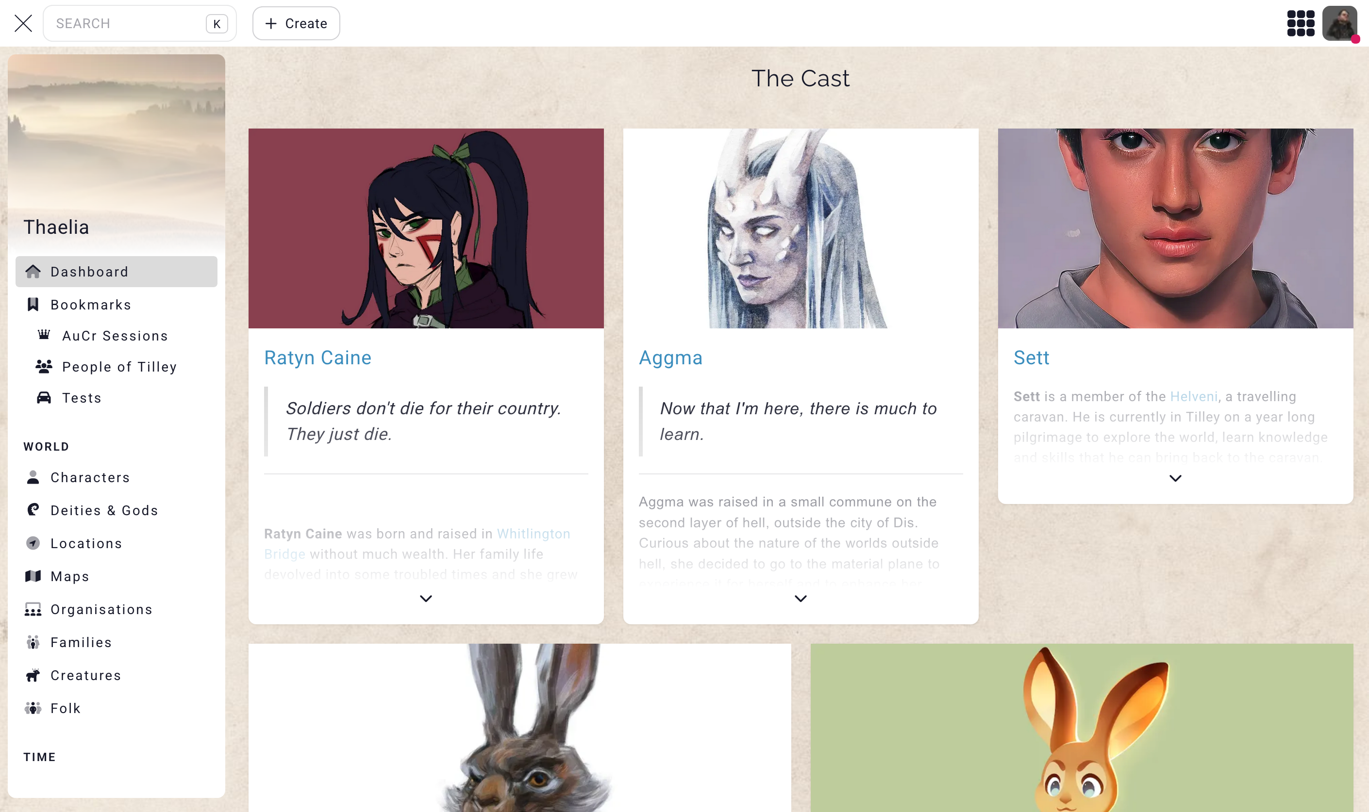 Kanka campaign dashboard showing characters and a calendar integrated in one view